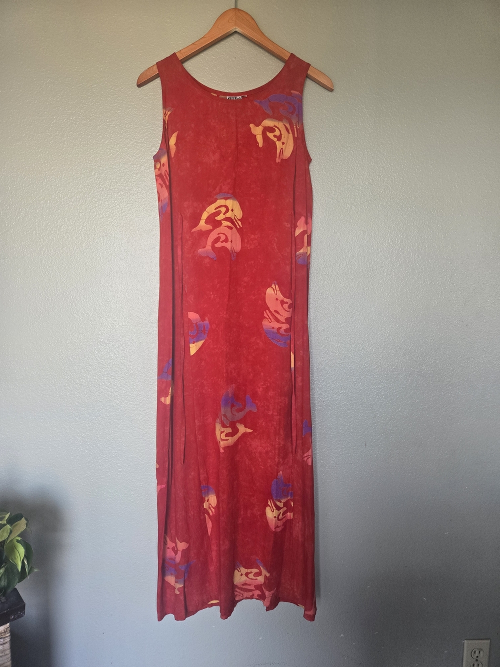 Go Fish Maxi Dress, Red With Dolphin Print, Vacation, Tropical, Resort, Beach
